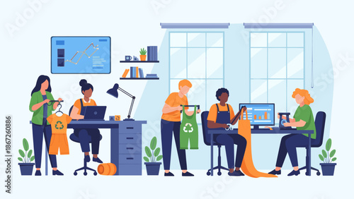 A person holding up recyclable clothing with a green recycling symbol, representing sustainable fashion and eco-friendly living.