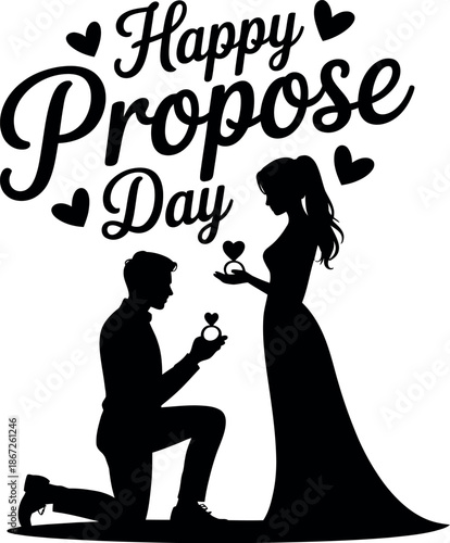 Man kneeling down proposing marriage to woman silhouette with hearts and celebrate propose day romantic moment vector