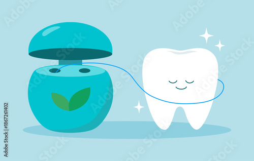 Cute cartoon tooth character using dental floss. I love floss, dental care concept. Vector Illustration