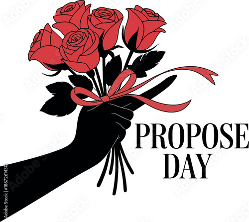 Black silhouette hand holding bouquet of red roses tied with pink ribbon for propose day romantic gesture vector illustration