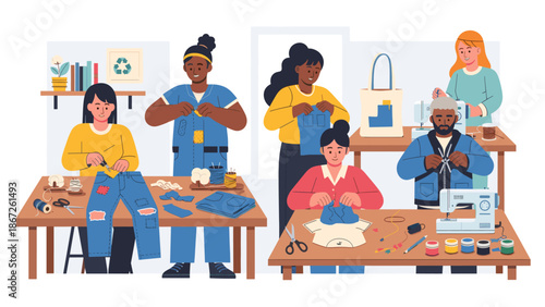 A set of sewing tools arranged on a wooden table, evoking a sense of creativity and DIY project preparation.