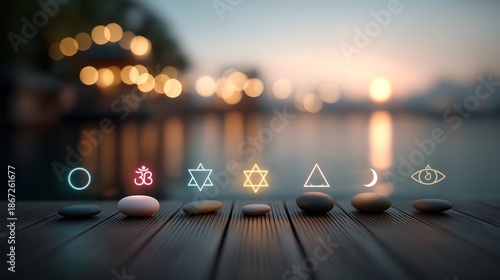 Zen Meditation Stones with Enlightenment Symbols at Sunset
