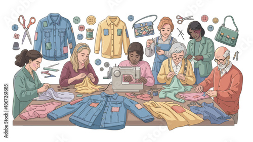 A cartoon woman folding clothes at a table, conveying a sense of domesticity and organization.