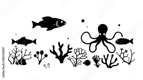 Sea creatures such as fish and octopuses and coral silhouettes in flat monochrome vector style with simple icon design, featuring bold lines and basic shapes, set against a subtle gradient background 