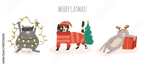 Set of Merry Christmas and happy new year kawaii cats.