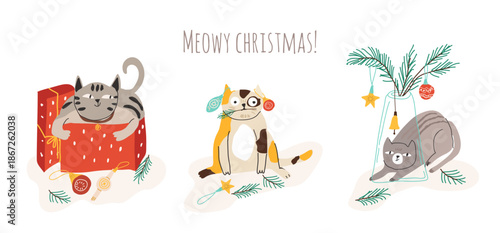 Set of Merry Christmas and happy new year kawaii cats.
