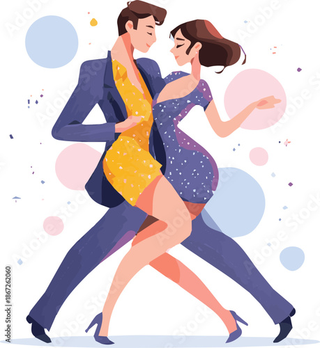 Isolated a realistic Man and woman at a fancy dance party dancing happily together vector art with white background.