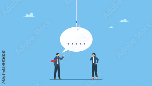 Dishonesty businessman lying to coworker with fishing bait on speech bubble. Liar, dishonesty colleague, cheating boss lying about work advantage, fraud or illegal and corruption, message trap.