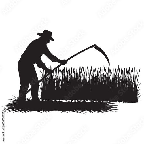 Farmer harvesting crops with sickle in field at sunset
