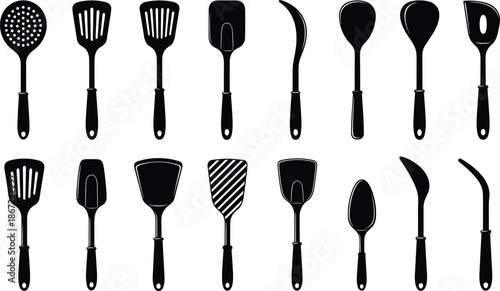 spatula, kitchen, utensils, cookware, cooking, tools, silhouette, black, collection, set, ladle, spoon, turner, flipper, skimmer, kitchenware, household, culinary, icon, vector