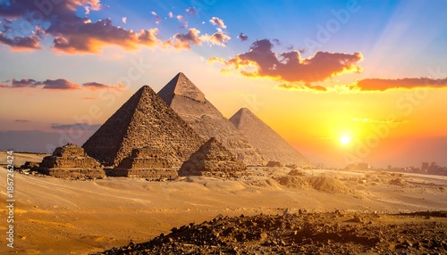 Ancient pyramids rise from a sandy desert landscape under a vibrant, golden sunset