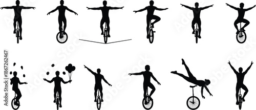 unicycle, balance, circus, acrobat, performance, skill, motion, control, agility, trick, stunt, freestyle, rider, athlete, silhouette, equilibrium, coordination, art, dynamic, flow