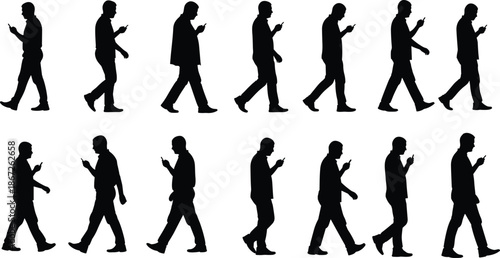 walking, texting, smartphone, mobile, pedestrian, silhouette, silhouettes, people, man, men, communication, technology, urban, lifestyle, commute, distracted, social, modern, device, message