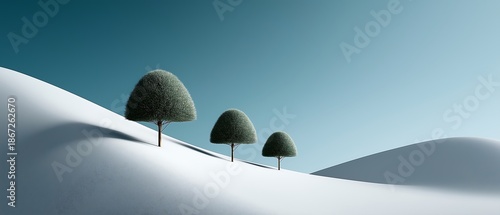 Snowy Hills with Three Green Trees Under Clear Blue Sky