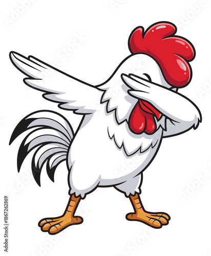 Funny White Rooster Dabbing Cartoon Character, Cool Chicken Mascot Doing Dab Dance Move, Farm Animal Illustration, Poultry Bird, Isolated Vector