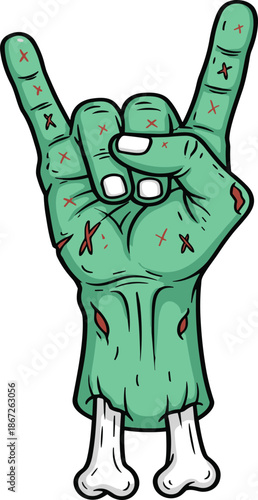 Green Zombie Hand Showing Rock and Roll Sign with Stitched Scars and Exposed Bones Isolated on Transparent Background Cartoon Illustration.