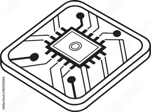 Isometric line icon of microchip on circuit board, black and white technology symbol