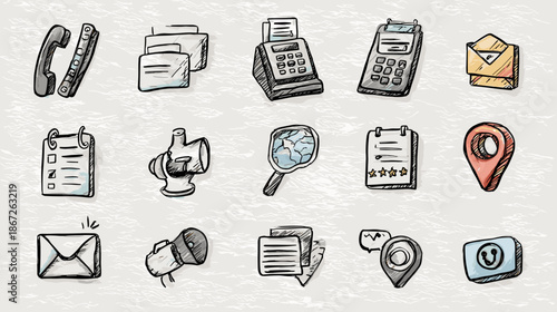 set of hand drawn icons social media communications