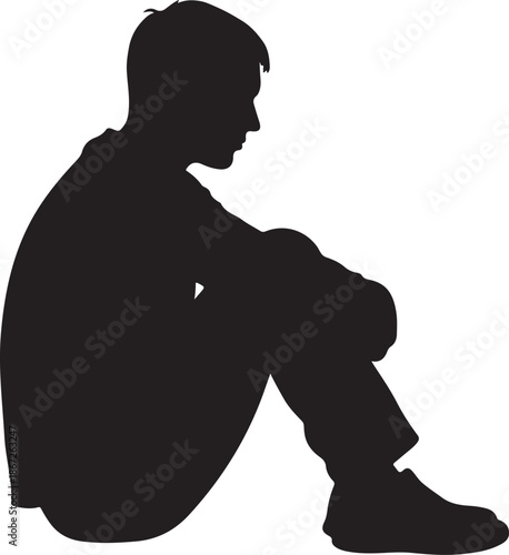 Depressed Young Man Silhouette Sitting Alone on White Background.