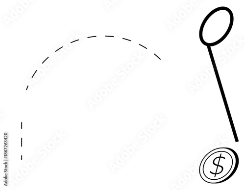 Financial risks, economic challenges, money management, decision-making, wealth investment, business strategies. Dollar coin attached to a lasso and an arc path. Financial risk and money management