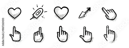 set of black and white icons for your design hand drawn vector of cursors  mouse click sign 