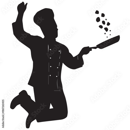 Silhouette of a chef jumping and tossing food in the air