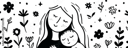 mother and baby hand drawn vector black and white background 