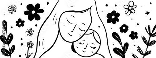 mother and baby hand drawn vector black and white background 