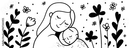 mother and baby hand drawn vector black and white background 