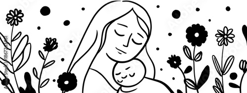 mother and baby hand drawn vector black and white background 