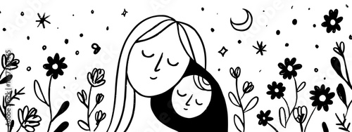 mother and baby hand drawn vector black and white background 
