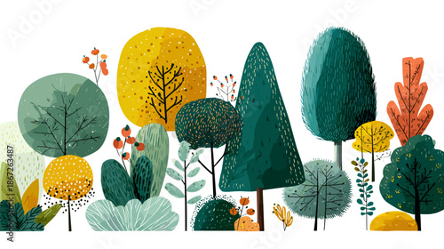set of autumn trees vector colored hand drawn 
