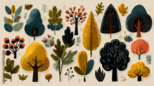 set of autumn trees vector colored hand drawn 