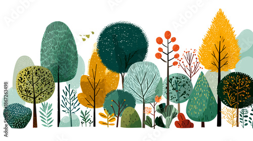 set of autumn trees vector colored hand drawn 