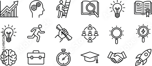 Education and career development icon collection with research tools, innovation, teamwork, achievement, time management, vector illustration