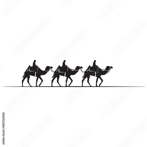Silhouette of three riders on camels walking in a line