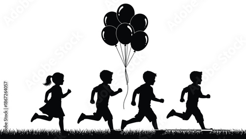 Black silhouette children running set, group of kids playing with balloons, childhood fun park exercise training isolated vector icons, healthy lifestyle outdoor active collection.