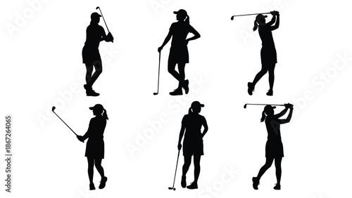 Black silhouette golf woman set, female golfer hitting ball person group, sport clubs equipment training isolated vector icons, hobby leisure active lifestyle swing collection.