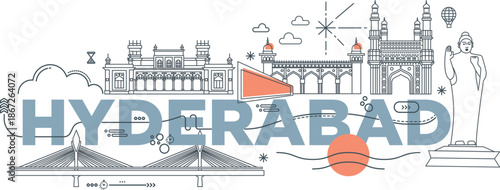 Hyderabad culture travel set, famous architectures and specialties in flat design. Business travel and Memphis concept clipart. Image for presentation, banner, website, advert, flyer, roadmap, icons