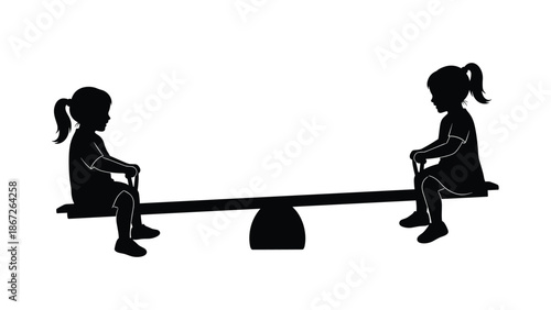 Black silhouette little girl set, children playing seesaw person group, childhood fun playground exercise training isolated vector icons, healthy lifestyle outdoor active collection.