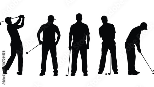 Black silhouette male golfer set, man hitting golf ball person group, professional sport club equipment training isolated vector icons, active hobby leisure lifestyle collection.