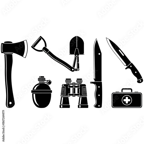 Collection of outdoor adventure tools equipment.