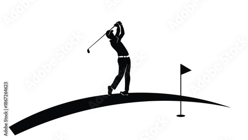 Black silhouette of a male golfer swinging a club on a green hill near a flag, professional golf player practicing sport isolated on white