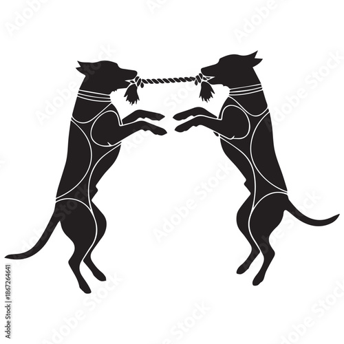 Two dogs play tug of war with rope toy in dynamic pose