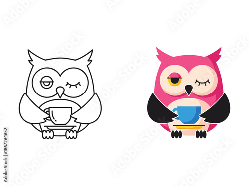 Owl drinking coffee or tea from a cup