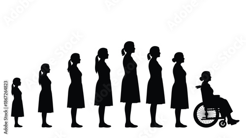 Black silhouette of female aging process from child to elderly, row of women in different life stages including a person in a wheelchair, isolated.