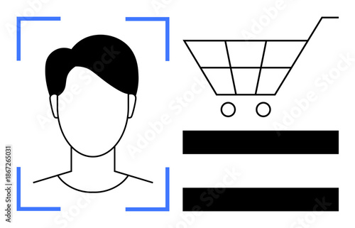 Profile scan with framing lines alongside a shopping cart icon and minimal graphic elements. Ideal for technology, e-commerce, security, identity verification, online retail, AI integration, seamless