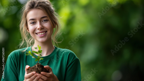 Faceless young volunteer girl with green t-shirt participating for environment protection charity project on green background, donation tree planting recycling nonprofit social responsibility,
