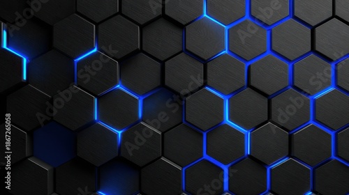 abstract background with black hexagons and blue neon lines