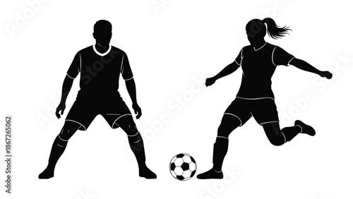 Black silhouette of male and female soccer players playing football with ball isolated on white background, man defending while woman kicks the sport ball.